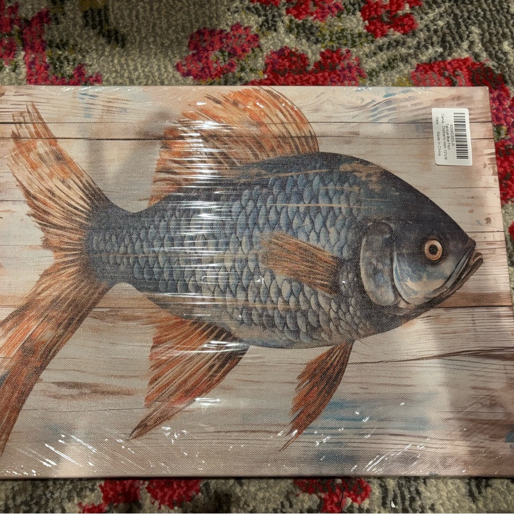 Decorative Fish Canvas Art with Blue and Brown Accents